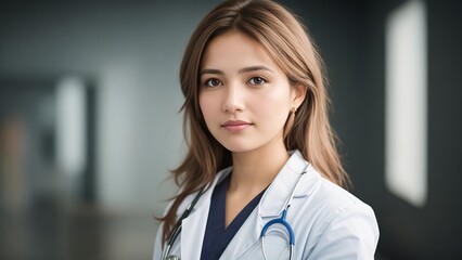 Portrait of a female doctor in uniform looking at camera with a defocused background, Generative AI