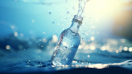 Mineral water. A plastic bottle in the middle and flying splashes and drops of water around a blue bokeh background. © Tanuha
