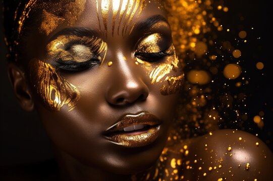 Fantasy beauty portrait of african american woman in gold. Gold glitter luxury art glamor professional face makeup. studio photo. Generative AI