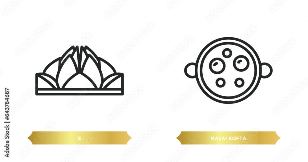 Poster two editable outline icons from india concept. thin line icons such as e, malai kofta vector.