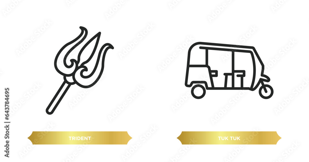 Poster two editable outline icons from india concept. thin line icons such as trident, tuk tuk vector.