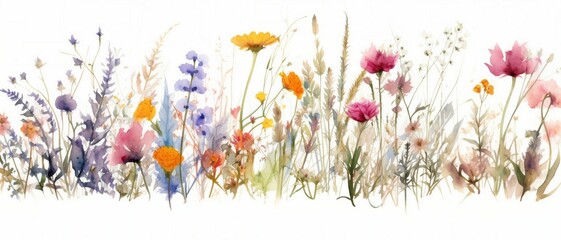 A vibrant watercolor painting capturing the beauty of a blooming field of flowers