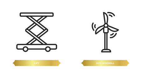 two editable outline icons from industry concept. thin line icons such as lift, eco windmill vector.