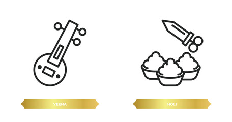 two editable outline icons from india and holi concept. thin line icons such as veena, holi vector.