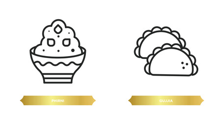 two editable outline icons from india and holi concept. thin line icons such as phirni, gujjia vector.