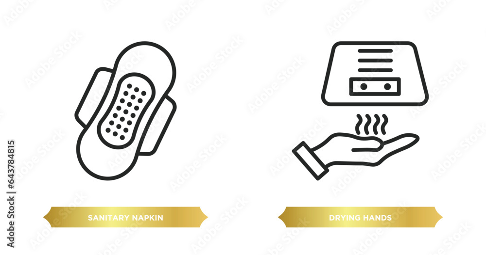 Poster two editable outline icons from hygiene concept. thin line icons such as sanitary napkin, drying han
