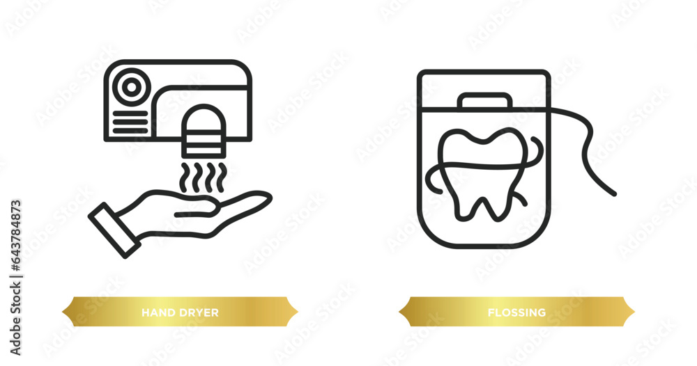 Poster two editable outline icons from hygiene concept. thin line icons such as hand dryer, flossing vector
