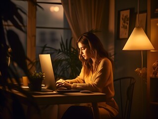 A Young Businesswoman Gracefully Works on Her Laptop in a Cozy Home Office