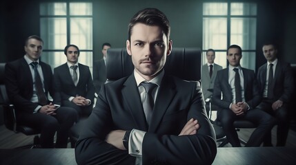 Accomplished businessman seated in a conference room alongside his team