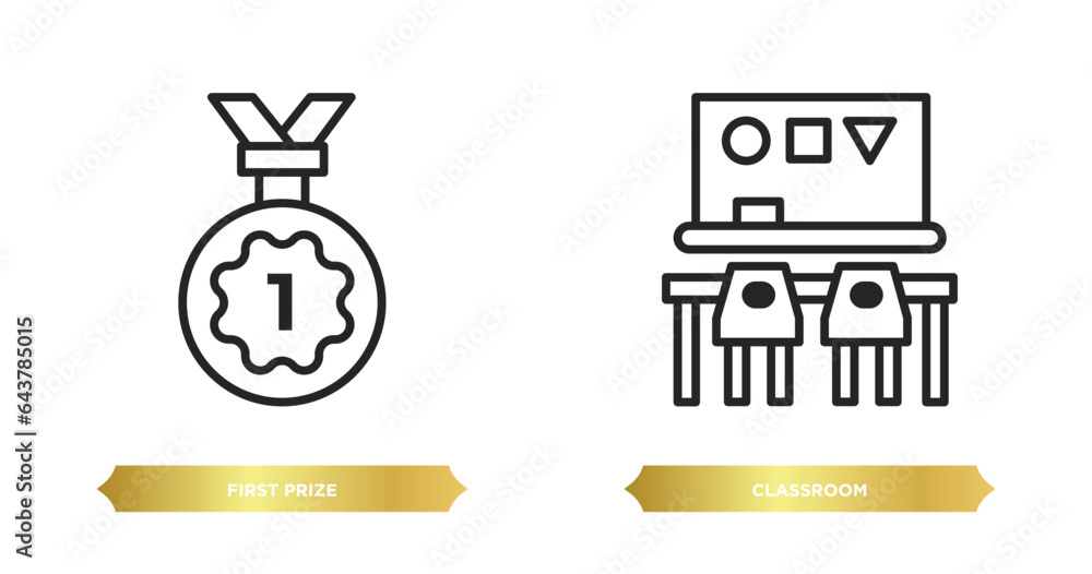 Poster two editable outline icons from humans concept. thin line icons such as first prize, classroom vecto