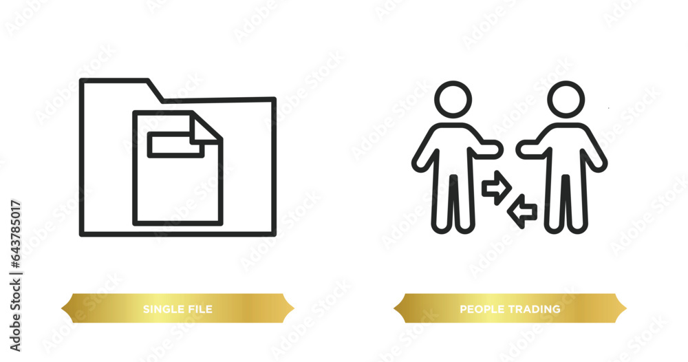 Poster two editable outline icons from humans concept. thin line icons such as single file, people trading 