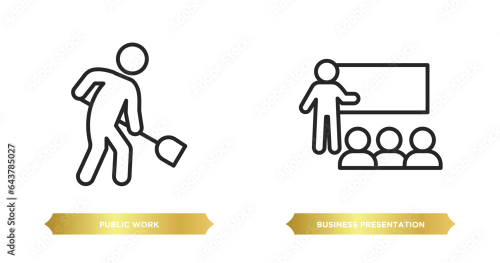 Poster two editable outline icons from humans concept. thin line icons such as public work, business presen