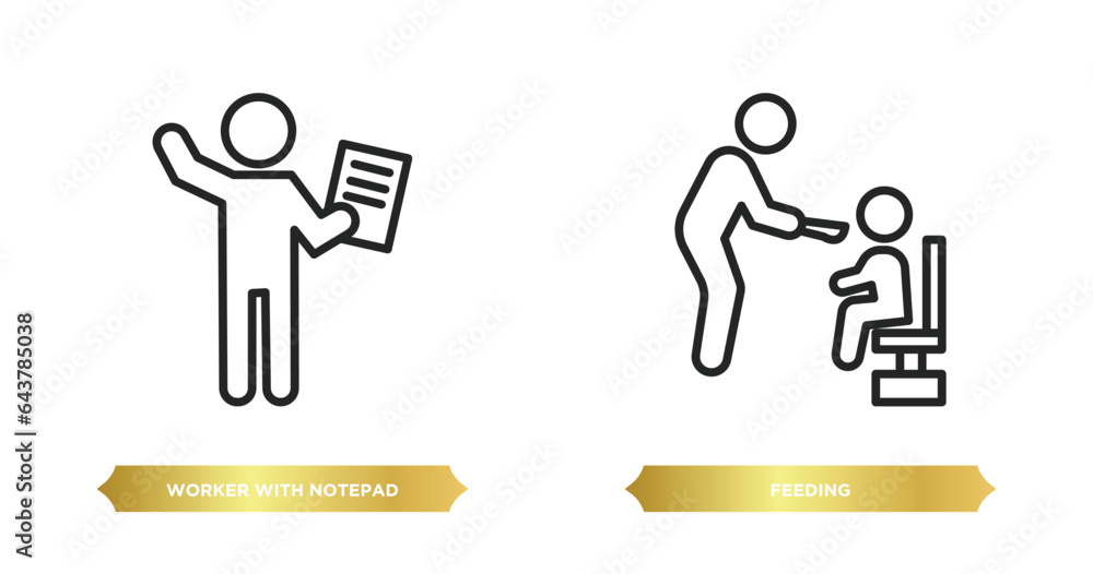 Poster two editable outline icons from humans concept. thin line icons such as worker with notepad, feeding