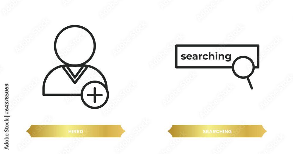 Poster two editable outline icons from human resources concept. thin line icons such as hired, searching ve