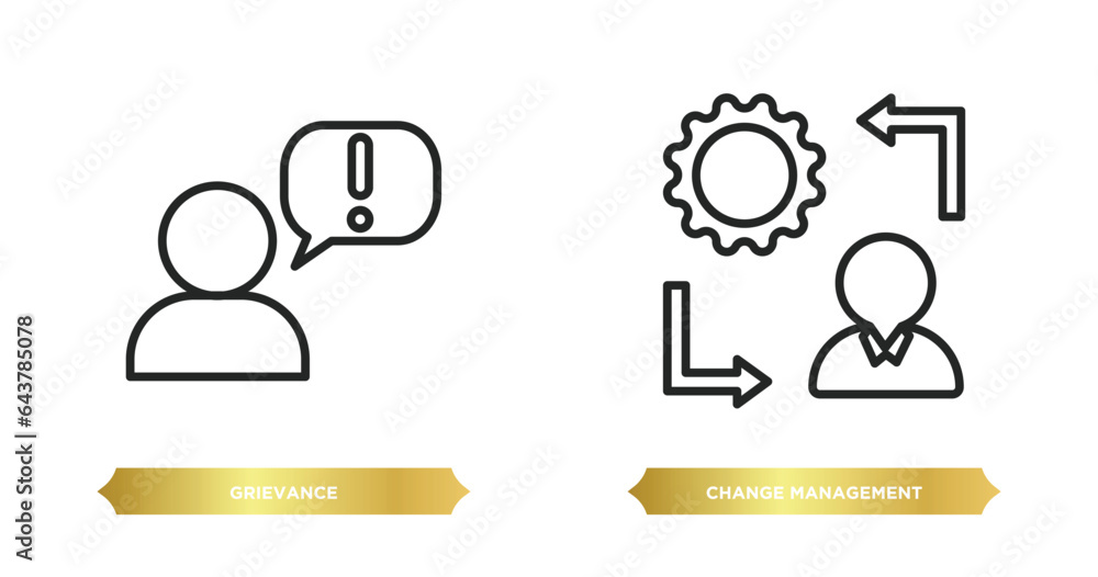 Poster two editable outline icons from human resources concept. thin line icons such as grievance, change m