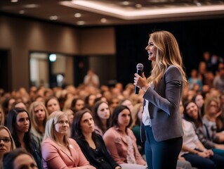 Empowered woman gives a dynamic presentation to women in a corporate setting