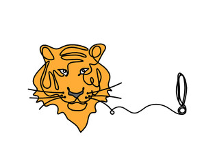 Silhouette of abstract color tiger with exclamation mark as line drawing