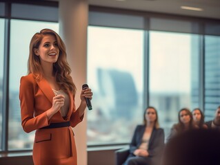 Empowered woman gives a dynamic presentation to women in a corporate setting