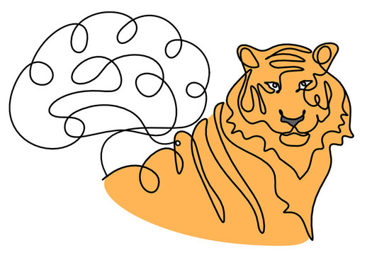 Silhouette of abstract color tiger with brain as line drawing on white