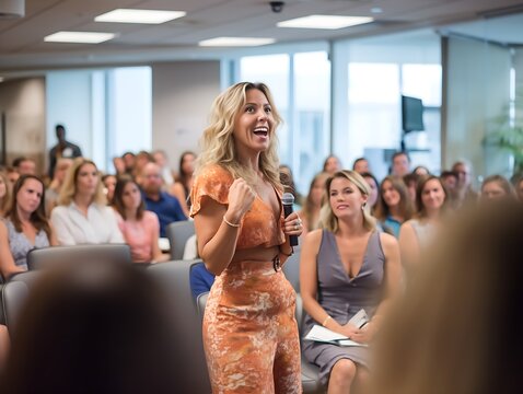 Empowered woman gives a dynamic presentation to women in a corporate setting