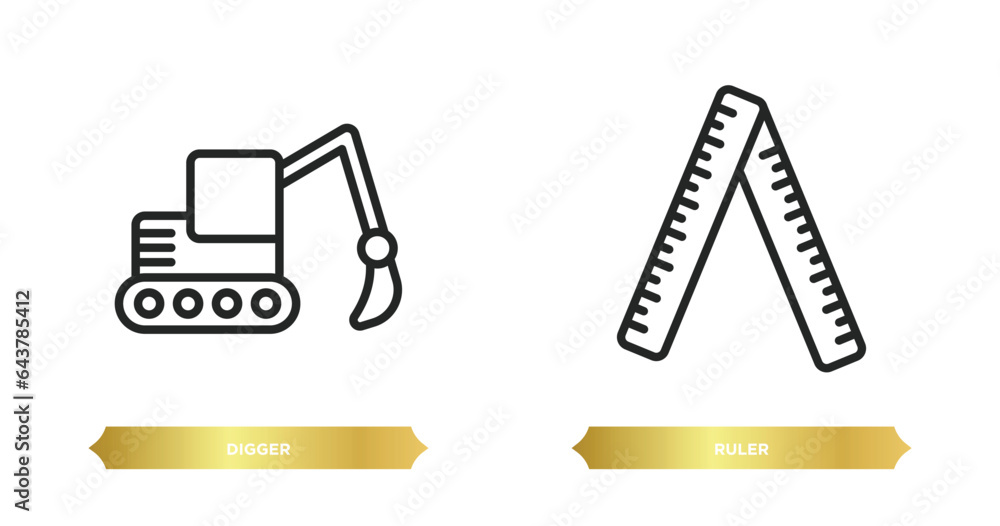 Poster two editable outline icons from history concept. thin line icons such as digger, ruler vector.