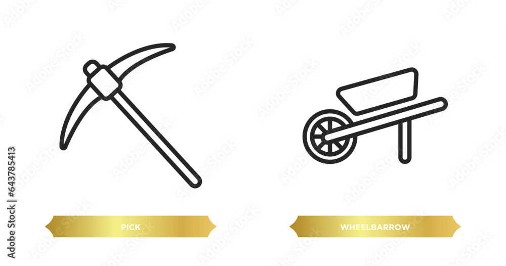 Poster two editable outline icons from history concept. thin line icons such as pick, wheelbarrow vector.