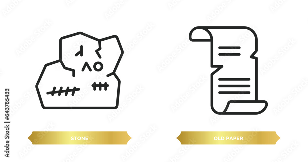 Sticker two editable outline icons from history concept. thin line icons such as stone, old paper vector.