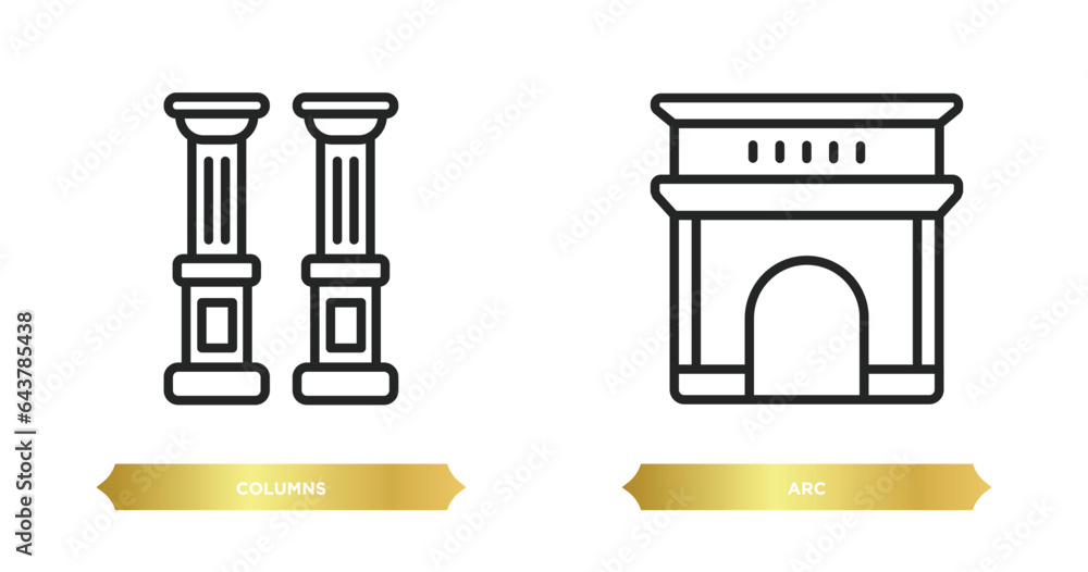 Poster two editable outline icons from history concept. thin line icons such as columns, arc vector.
