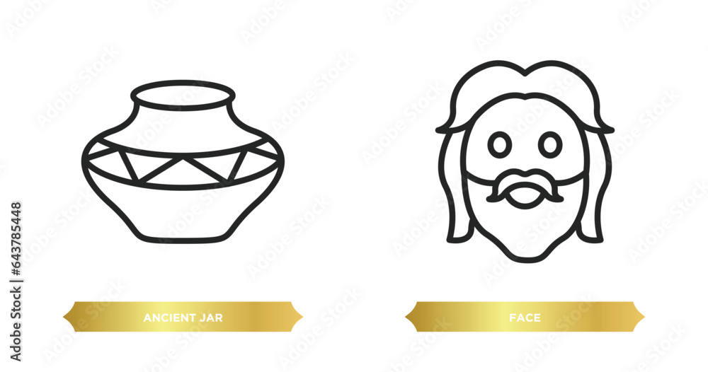 Poster two editable outline icons from history concept. thin line icons such as ancient jar, face vector.