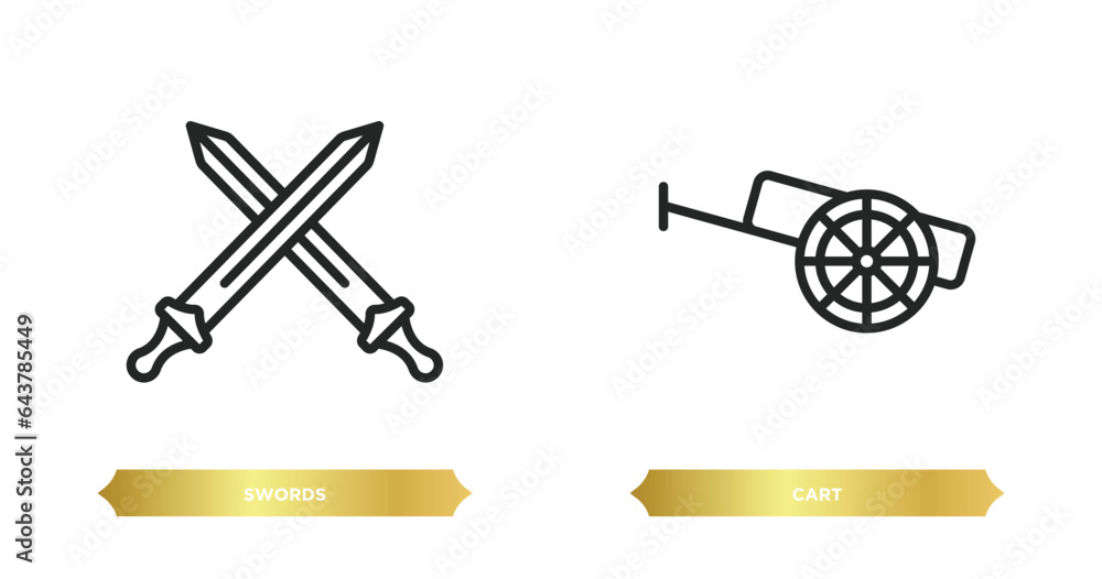 Poster two editable outline icons from history concept. thin line icons such as swords, cart vector.