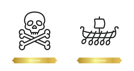 two editable outline icons from history concept. thin line icons such as skeleton, viking ship vector.