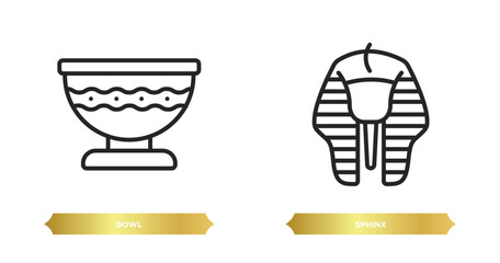 two editable outline icons from history concept. thin line icons such as bowl, sphinx vector.