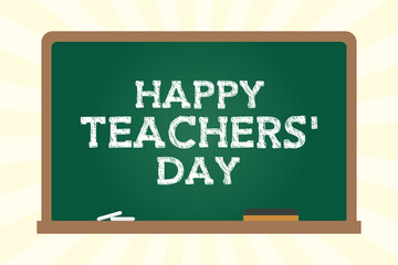 Obraz premium Happy teachers day written in chalk on green chalkboard greeting postcard, poster, banner. Vector illustration