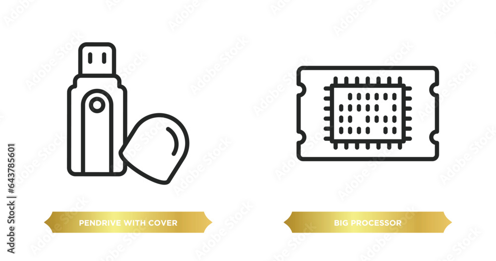 Poster two editable outline icons from hardware concept. thin line icons such as pendrive with cover, big p