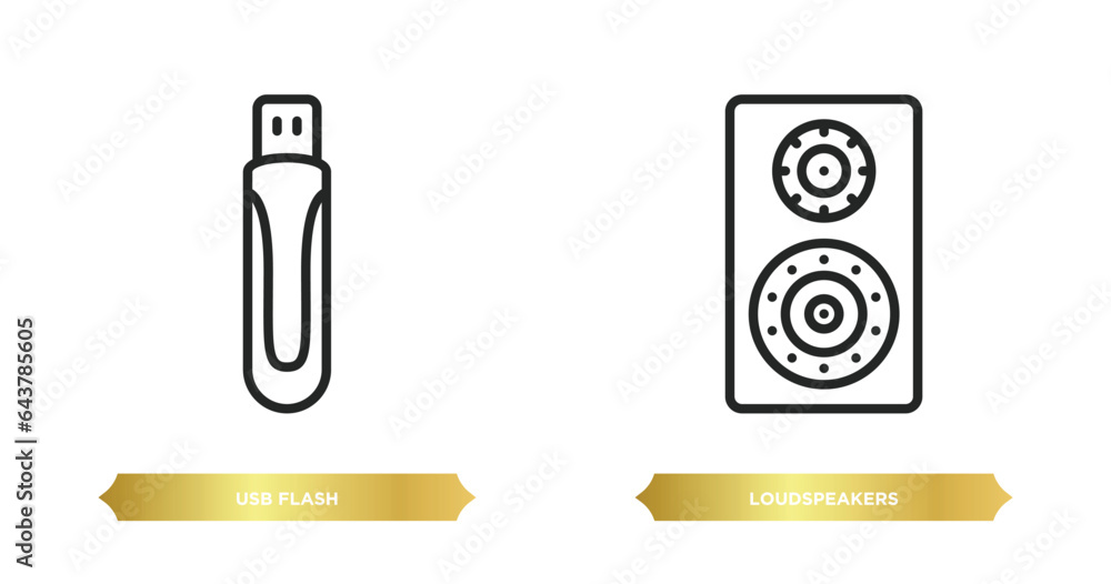 Poster two editable outline icons from hardware concept. thin line icons such as usb flash, loudspeakers ve
