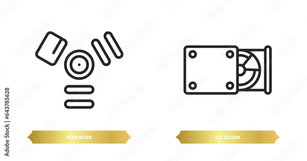 Poster two editable outline icons from hardware concept. thin line icons such as firewire, cd room vector.