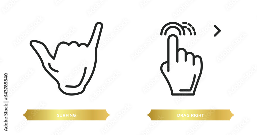 Poster two editable outline icons from gestures concept. thin line icons such as surfing, drag right vector