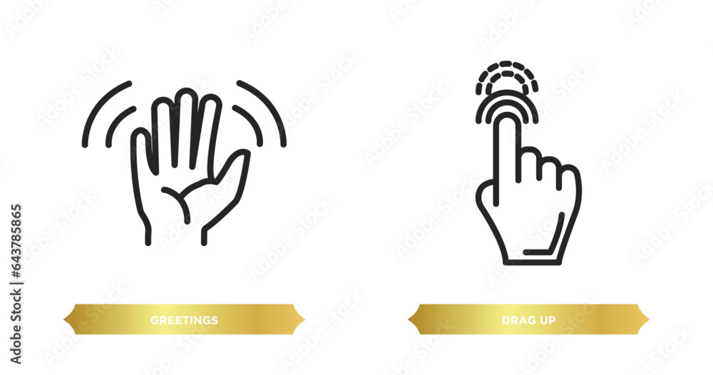 Poster two editable outline icons from gestures concept. thin line icons such as greetings, drag up vector.