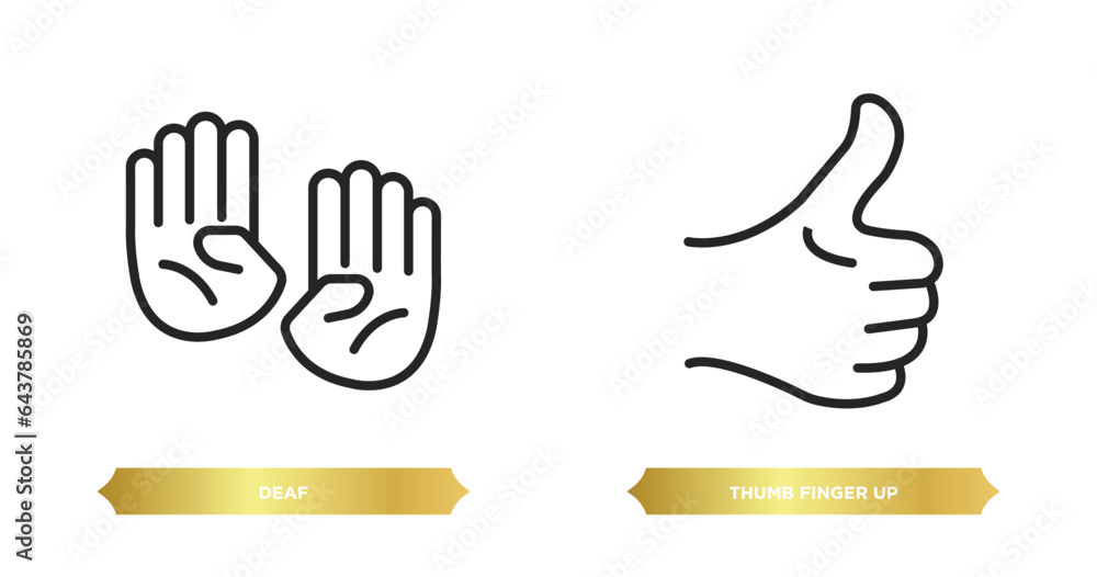 Poster two editable outline icons from gestures concept. thin line icons such as deaf, thumb finger up vect