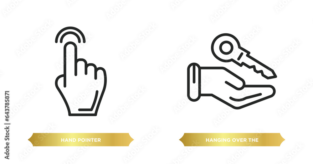 Poster two editable outline icons from gestures concept. thin line icons such as hand pointer, hanging over