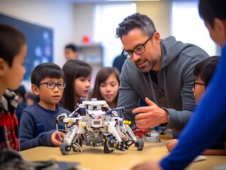 Teacher introduces young students to robot programming in elementary school