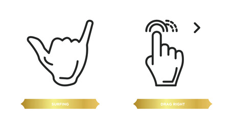 two editable outline icons from gestures concept. thin line icons such as surfing, drag right vector.