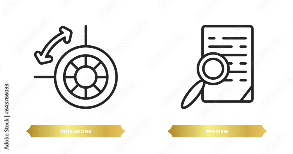 Poster two editable outline icons from geometry concept. thin line icons such as dimensions, preview vector
