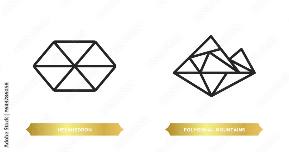 Poster two editable outline icons from geometry concept. thin line icons such as hexahedron, polygonal moun