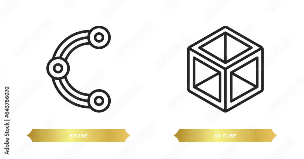 Poster two editable outline icons from geometry concept. thin line icons such as spline, 3d cube vector.