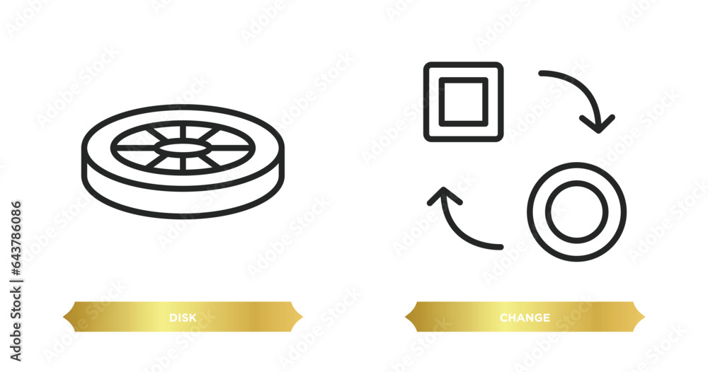 Poster two editable outline icons from geometry concept. thin line icons such as disk, change vector.