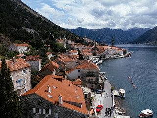 Drone view of the old town of Perast in the bay of Kotor, Montenegro.