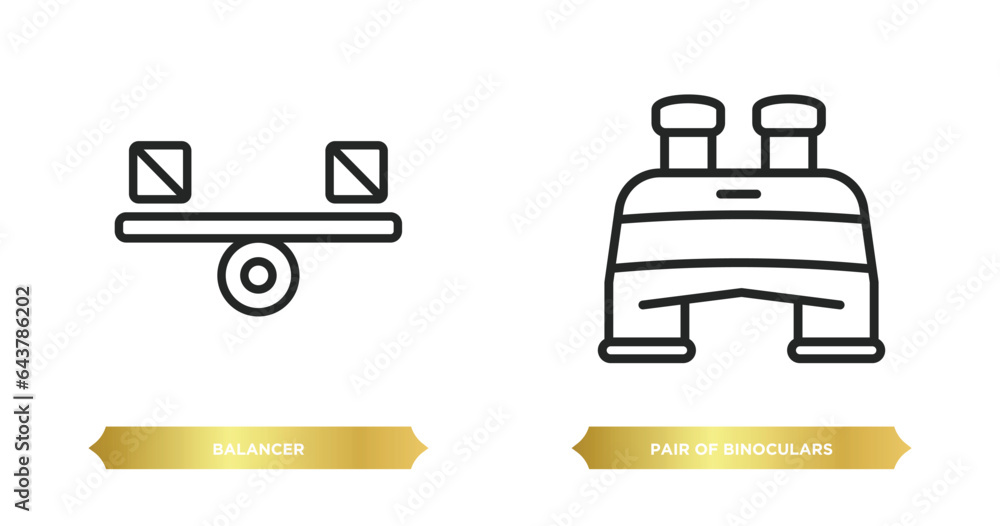 Poster two editable outline icons from general concept. thin line icons such as balancer, pair of binocular