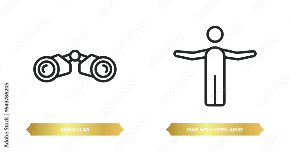 Poster two editable outline icons from general concept. thin line icons such as binocular, man with open ar