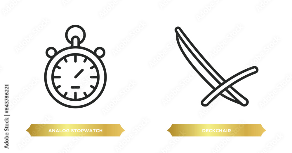 Poster two editable outline icons from general concept. thin line icons such as analog stopwatch, deckchair